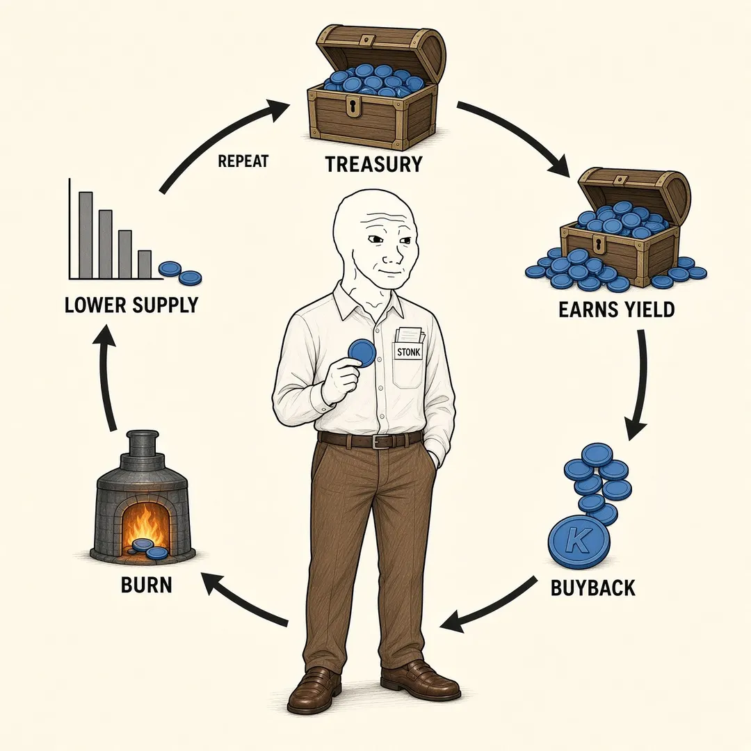 the knower stands in the middle of a loop, holding a coin: treasury → earns yield → buyback → burn → lower supply → repeat
